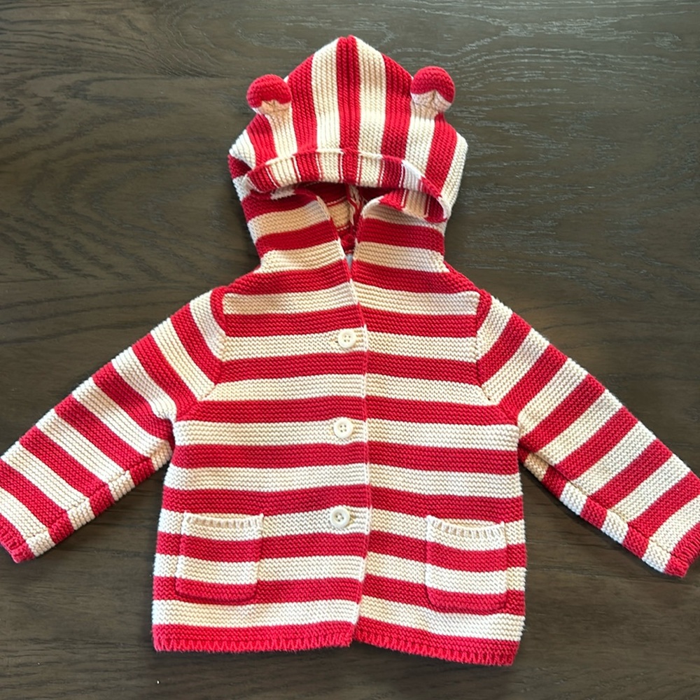 Baby Gap 100% Cotton Red & White Striped Hooded Sweater with Ears